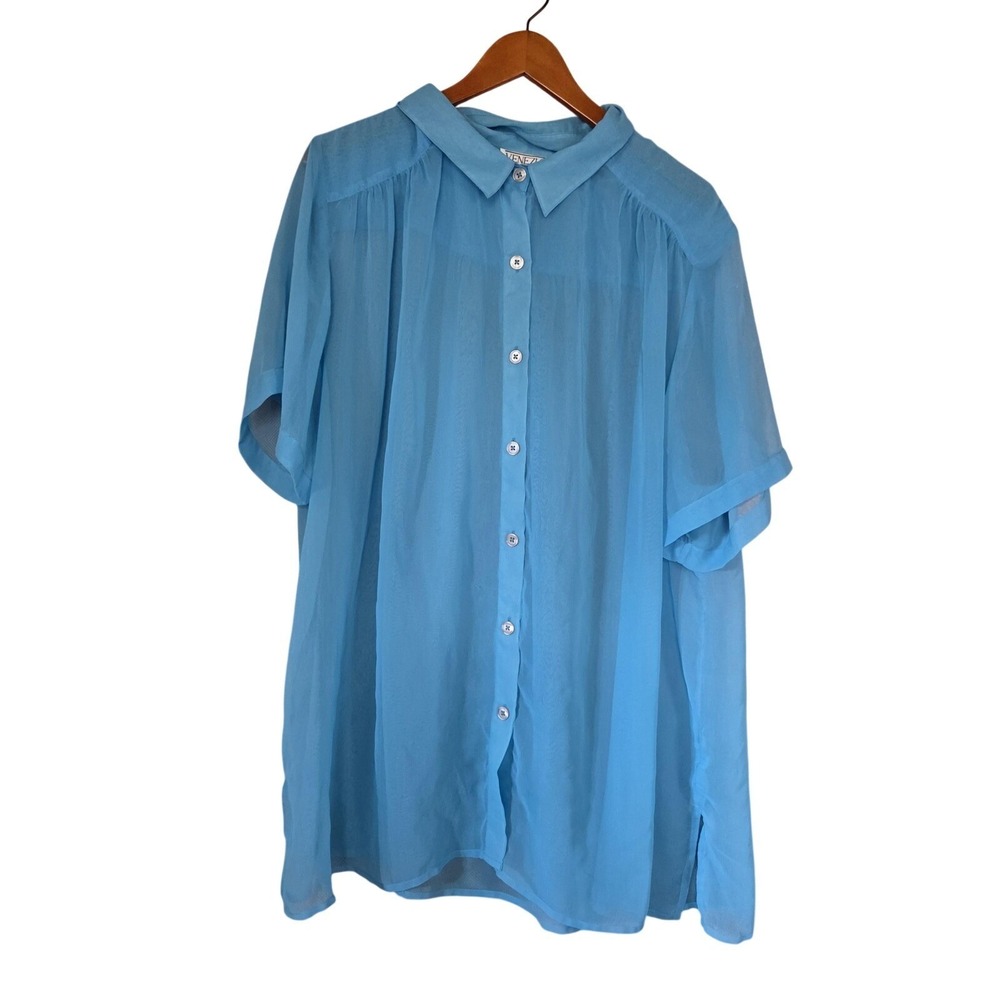 Venezia Blouse Womens Plus B6 Blue Collared Short Sleeve Sheer Tunic Top